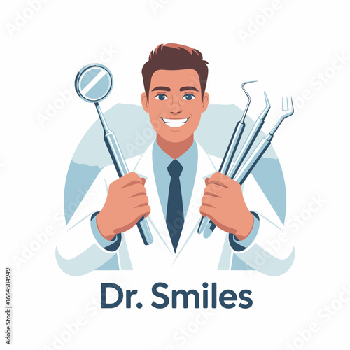 Cartoon illustration of a smiling male dentist holding dental tools in both hands, wearing a white coat and tie.