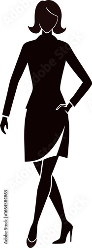 A confident businesswoman in a professional outfit standing with one hand on hip