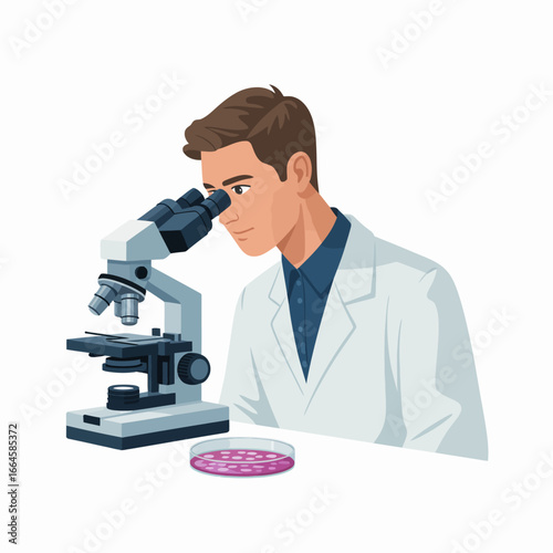 A scientist in a lab coat looks through a microscope with a petri dish on the table.