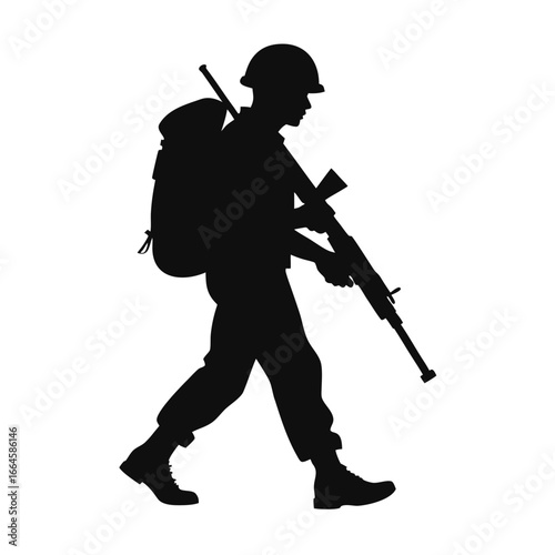 Soldier walking with rifle and backpack in profile view