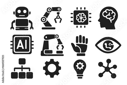 Artificial intelligence solid icon set. Robotics, machine learning, automation and future technology concepts. Vector glyphs of robot, bionic arm, CPU with brain, and network.