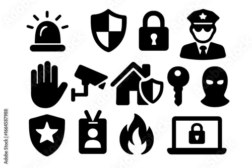 Security and safety solid glyph icon set. Police, protection, and alarm symbols. Home security, CCTV, cyber safety, fire alert, and thief prevention vector icons collection.
