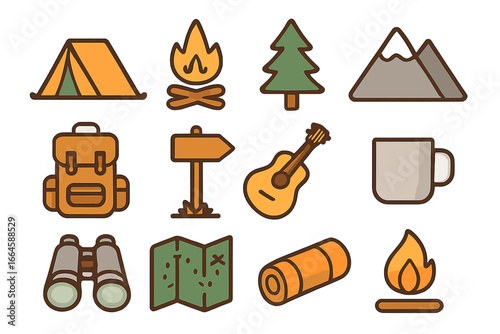 Camping icon set for outdoor adventure and hiking. Vector collection of travel equipment like tent, campfire, mountain, backpack, map. Flat cartoon illustration for nature.