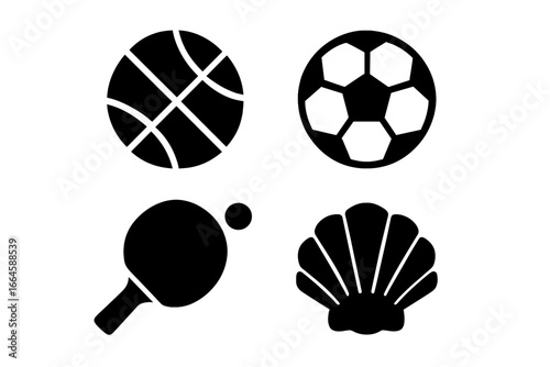 Sports and Recreation Silhouette Icon Set – Basketball, Soccer Ball, Ping Pong Paddle and Ball, Shell Symbol. Modern Vector Cartoon Illustration, Black Icons for Sports Equipment Collection