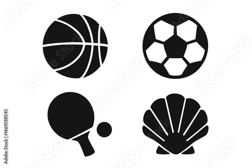 Sports recreation silhouette icon set featuring basketball, soccer, ping pong, and shell vector icons. Modern cartoon style illustrations on transparent background. Black and white sports elements.