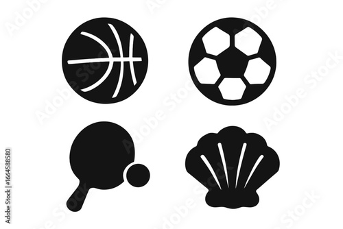 Sports and Recreation Silhouette Icon Set – Basketball, Soccer, Ping Pong, Shell. Black Vector Symbols Collection. Leisure Activities, Ball Games, Beach Hobbies, Modern Minimal Design