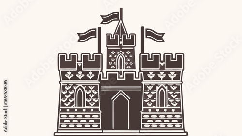 Illustration of a detailed castle with flags and decorative elements on a light background design style silhouette
