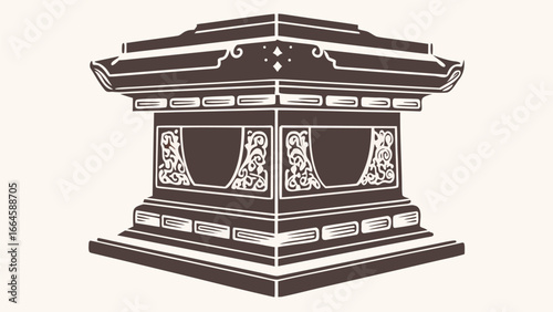 Illustration of a tiered structure with decorative elements and a geometric design on a light background silhouette