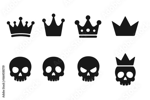 Royal crown and skull silhouette icon set. Vector graphic collection of power, death, and monarchy symbols. Gothic heraldic elements for logo, emblem, or tattoo design.