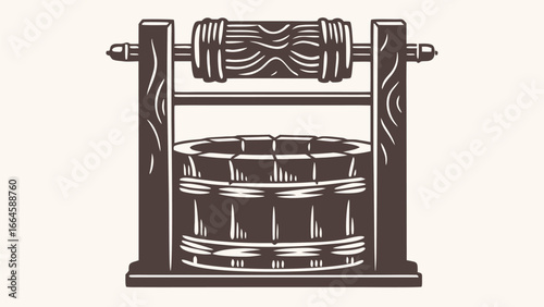 Illustration of a wooden water well with a bucket and crank system on a light background showing detail silhouette