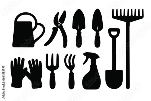 Gardening tools silhouette icon set. Essential garden equipment vector collection. Black graphic elements for farming, agriculture, horticulture. Includes shovel, rake, gloves.