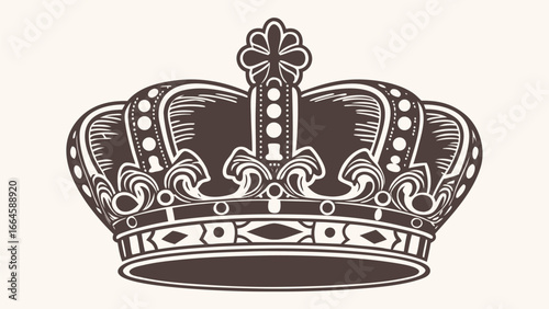 Illustration of an ornate brown crown with floral and geometric designs on a light background color silhouette