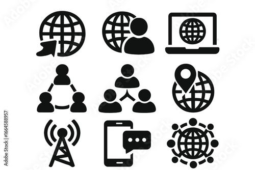 Global communication solid icon set. Vector glyphs collection for network, technology, connectivity, and internet. Symbols for business, social media, teamwork, and mobile.