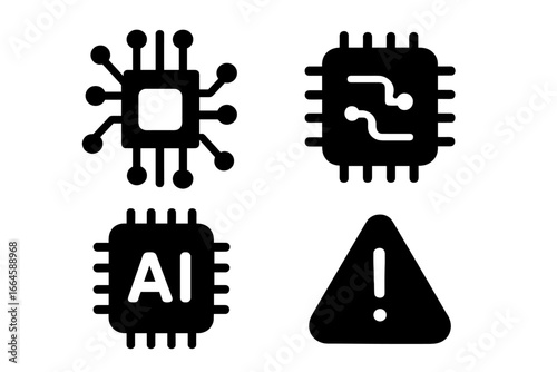 Circuit Board Chip Processor AI Alert Icon Set. Solid Style Technology Symbols. Microchip Artificial Intelligence Exclamation Warning Sign Collection. Vector Illustration Transparent Background