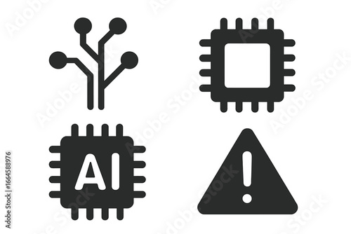 Technology electronics icon set. Solid vector symbols. Circuit board, microchip, AI processor, warning alert triangle. Black glyph digital hardware signs. Data, artificial intelligence, safety concept