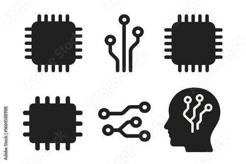 Silhouette Technology Icon Set, Microchip Circuit Board Cyber Icons, Artificial Intelligence, Processor, Digital Brain, Electronic Component, Vector Illustration, Transparent Background