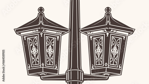 Illustration of a vintage double lamp post with intricate design and symmetrical arrangement in dark brown silhouette
