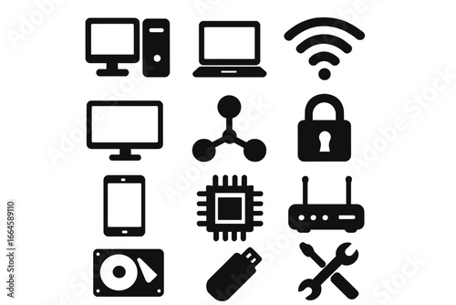 Technology Silhouette Icon Set. Computer Hardware, Networking, Security, Wireless Communication, Device Storage, Internet Connection, Maintenance Icons. Vector Illustration Transparent Background.