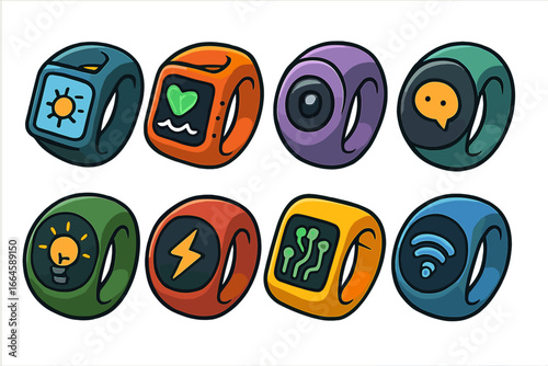 Colorful wearable technology smart rings vector set. Innovative tech gadget accessories design with modern app icons for health, messaging, camera, energy, internet. Futuristic cartoon illustration.