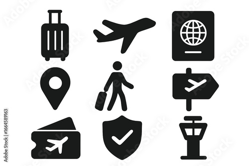 Travel and Airport Icon Collection. Solid Vector Symbols for Luggage, Airplane, Flight Ticket, Passport, Tourist, Location, Safety, Aviation, Airline, Terminal, Navigation. Black Silhouette Set
