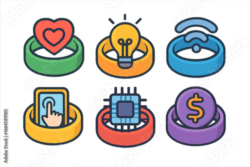 Smart wearable rings vector set. Technology and innovation in colorful cartoon style. Heart health, lightbulb idea, wireless, touch screen, microchip, finance. Futuristic gadget icons.