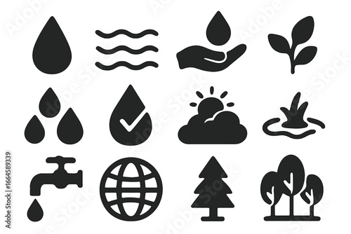Water Conservation Nature Environment Solid Icon Set. Clean Water Drop, Tap, Globe, Tree, Leaf, Pond, Waves, Sun, Sprout, Hand, Environmental Protection Vector Illustration. Transparent Background.