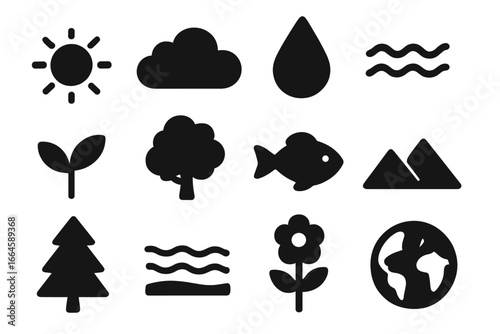 Nature and environment silhouette icon set. Simple flat vector collection of eco and aquatic symbols. Sun, tree, plant, water drop, fish, mountain, earth globe icon for web.