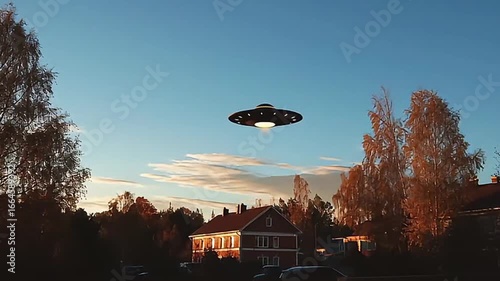 Classic flying saucer shaped UFO hovering above suburban houses and autumn trees in warm golden sunset light