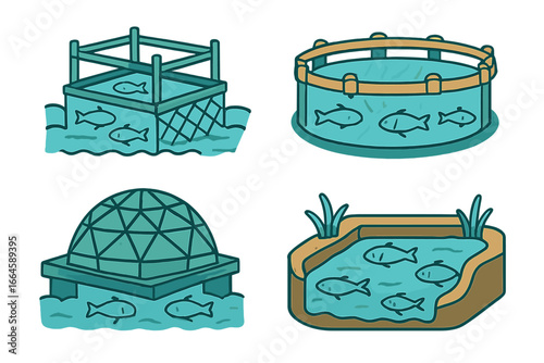 Innovative Fish Farming Structures Vector Set. Aquaculture Cage Systems, Fish Ponds, Geodesic Dome Enclosures, Round Tanks for Sustainable Food Production. Aquafarming Design Concepts