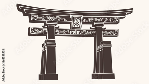 Illustration of a traditional japanese torii gate with intricate design elements and dark brown color silhouette