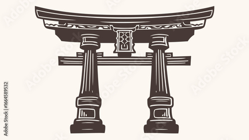 Illustration of a torii gate with detailed carvings and a traditional architectural design element silhouette