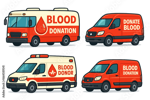 Blood Donation Vehicles Vector Set. Modern Cartoon Ambulances, Vans, and Mobile Clinics with Donate Blood Signs, Logos, Medical Symbols. Creative Red Design for Blood Drive, Healthcare, Charity