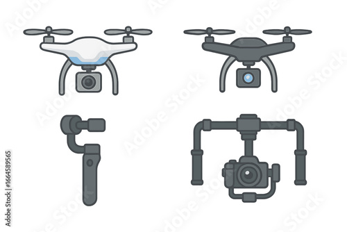 Drone Technology Vector Set. Flat Cartoon Illustrations of Modern Aerial Drones, Camera Drones, Handheld and Professional Camera Gimbal Stabilizers, Video Filming Devices, Photography Equipment