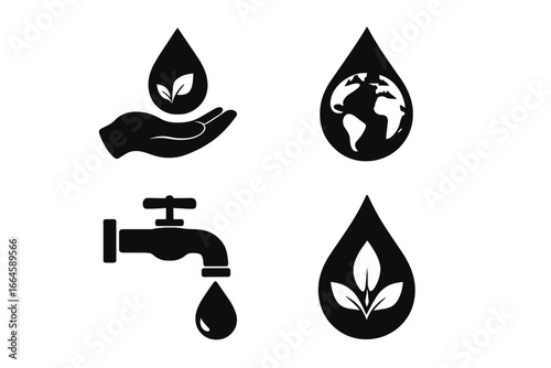 Water conservation icons set, eco-friendly sustainability silhouette illustrations, water drop, faucet, earth, plant, save water, environmental protection, green energy, vector isolated