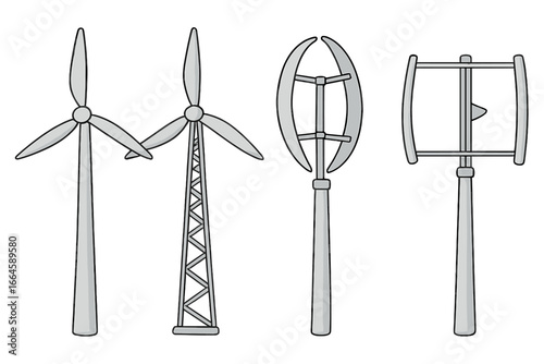 Vector illustration of diverse wind turbine designs for clean renewable energy generation. Modern horizontal and vertical windmills for sustainable electricity production. Cartoon style isolated set.
