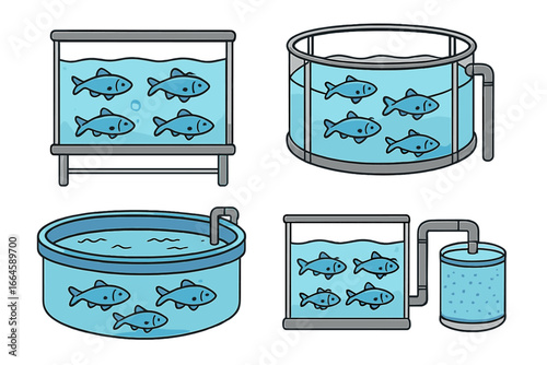 Fish Holding Tanks and Aquaculture Systems Collection. Vector Cartoon Illustration Set of Different Designs, Shapes, Water Tanks, Aquariums, Recirculating Systems, Modern Aquafarming Equipment