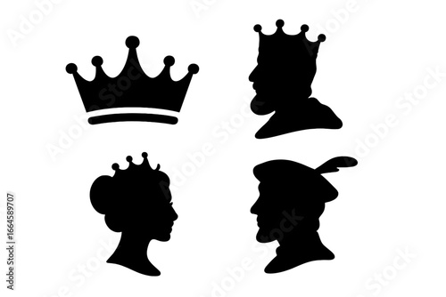 Royal family silhouette set. King, queen, prince, and noble profile icons. Vector graphic of majestic head portraits and crown symbol for heraldic design or historic concepts.