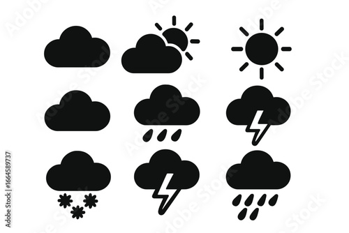 Weather Forecast Icon Set. Solid Black Cloud, Rain, Sun, Thunderstorm, Snow, Storm Symbols. Vector Illustration Collection. Meteorology, Climate, Temperature, Precipitation, Transparent Background