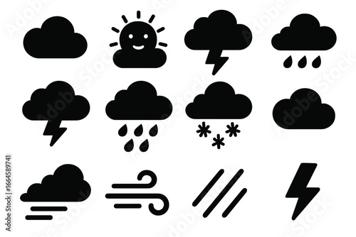 Weather icon set with cloud, storm, wind, rain, lightning, fog, snow, overcast, sunny and precipitation silhouette symbols. Vector forecast illustration, black weather elements, transparent background