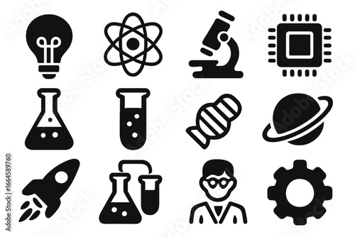 Science and technology solid icon set. Vector symbols for innovation, research, education. Concept for lab, experiment, discovery. Atom, microscope, rocket, dna, flask icons.