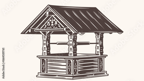 Illustration of a rustic wooden water well with a peaked roof and decorative carvings in monochrome style silhouette