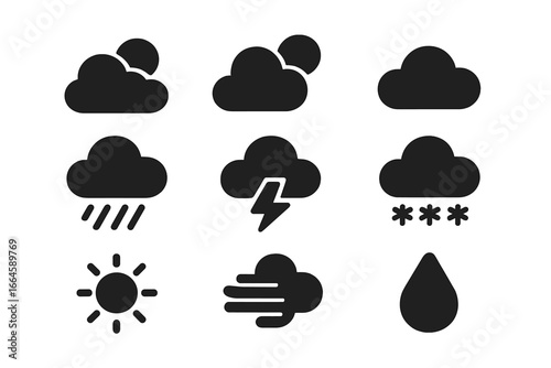 Weather forecast solid icon set, cloud storm symbols vector illustration. Rain, snow, thunderstorm, sun, wind, droplet icons pack. Meteorology, climate, temperature pictograms, transparent background