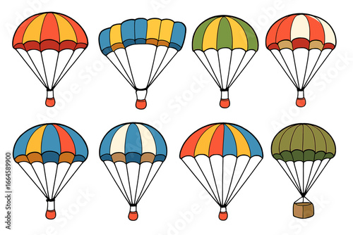 Colorful parachute vector set. Collection of cartoon parachutes in various shapes, patterns and styles, perfect for air sports, skydiving, adventure, transport, delivery, outdoor leisure design.
