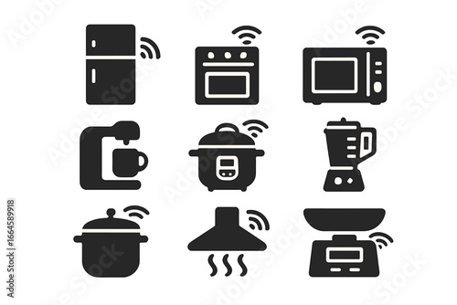 Smart home kitchen appliance solid icon set. IoT vector glyphs of connected devices. Concept of home automation technology. Refrigerator, oven, microwave, coffee maker symbols.