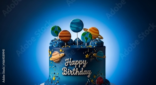 Space Themed Birthday Cake with Galaxy and Planet Decorations.