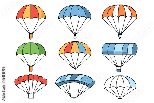 Set of colorful parachute vector icons. Variety of parachute designs, shapes, and styles for skydiving, air sports, safety equipment. Cartoon illustrations with different colors, organized layout.