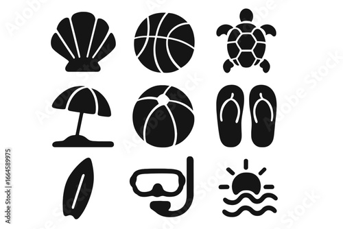 Summer beach solid icon set with seashell, basketball, sea turtle, umbrella, beach ball, flip flops, surfboard, and snorkel. Vacation and travel glyph symbols collection.