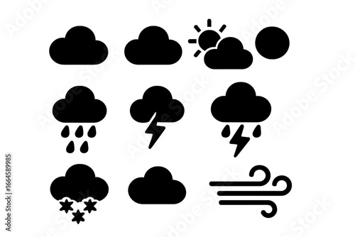 Weather silhouette icon set. Vector cartoon illustration of cloud and storm weather icons. Rain, thunderstorm, snow, sun, wind black silhouette collection. Meteorological forecast symbols.