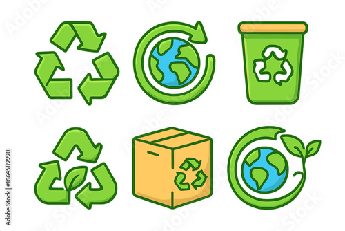 Recycling symbols set. Green eco icons for sustainability, environmental protection, waste management. Cartoon earth, bin, leaf reuse, recycle arrows, eco-friendly packaging. Vector illustration