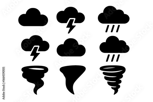 Weather silhouette icon set collection. Black vector cartoon weather symbols of clouds, storms, rain, thunder, tornadoes. Flat design meteorology icons isolated. Transparent background illustration